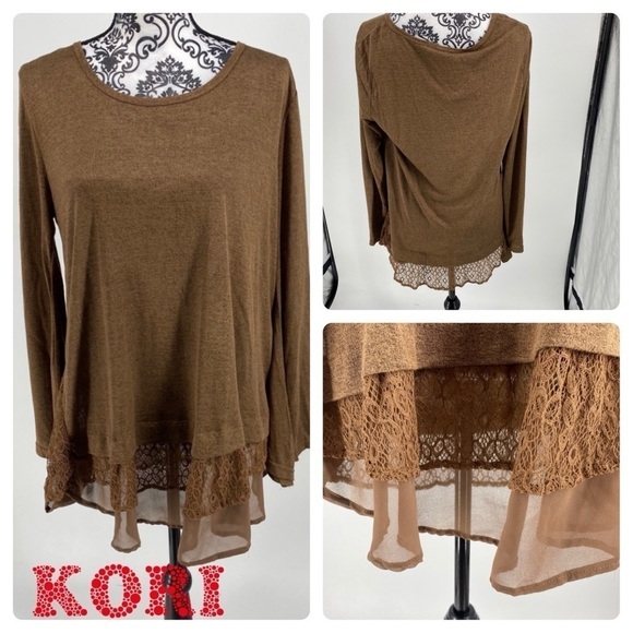 Kori brown bell sleeve ruffle bottom mixed media - Picture 1 of 12